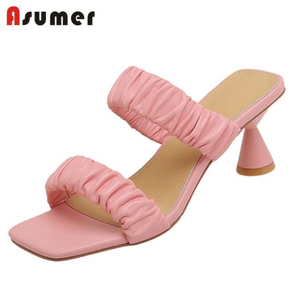 

dress shoes asumer 2021 arrive women sandals pleated genuine leather fashion elegant high heels mules ladies party, Black