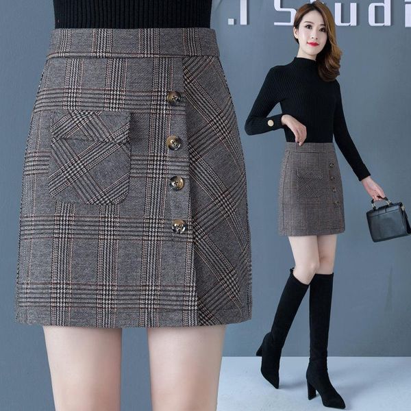 

skirts plaid woolen skirt women's winter a- line versatile high waist hip one step short woman faldas jupe, Black