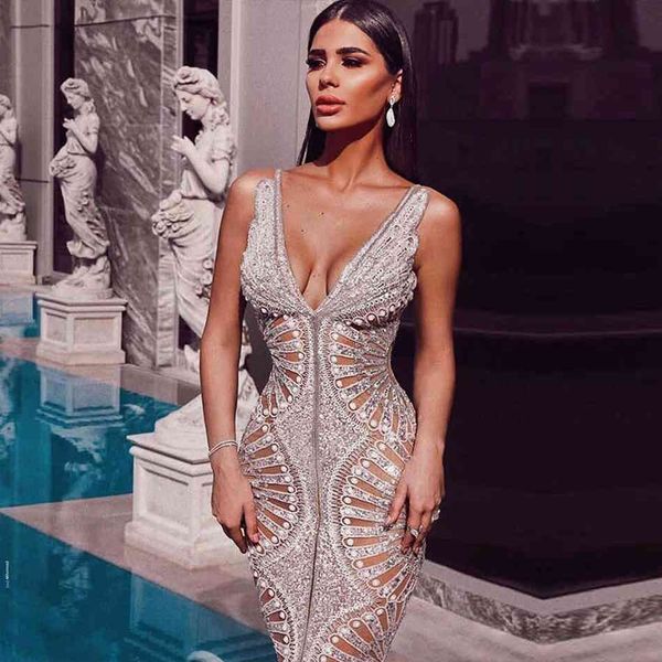 

summer women sequin tank sleeveless long dress v neck silver hollow out celebrity evening runway party 210423, Black;gray