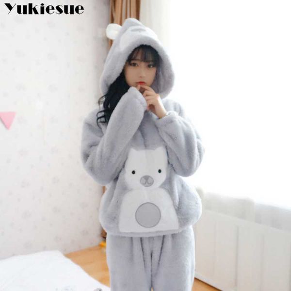 Langärmlige Hose Frauen Pyjama Sets mit Kapuze Cartoon Tier Oansatz Warm Korallen Samt Damen Anzug Winter Mode Nachtwäsche 210608