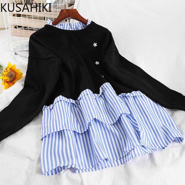 

striped patchwork women pullover sweater causal sweet ruffle knitted korean long sleeve pull femme 6e466 210603, White;black