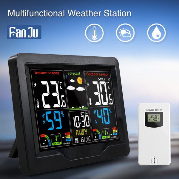 

fanju digital outdoor thermometer hygrometer alarm clock home weather station wireless sensor calendar comfort table desk watch