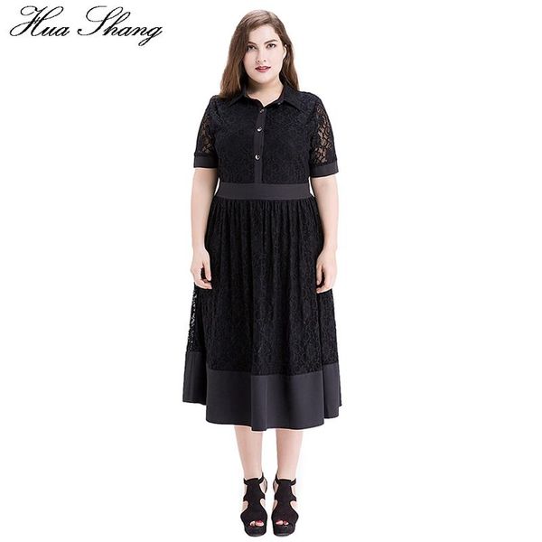 

casual dresses women summer black lace dress elegant hollow out short sleeve high waist a line party buttons shirt plus size, Black;gray