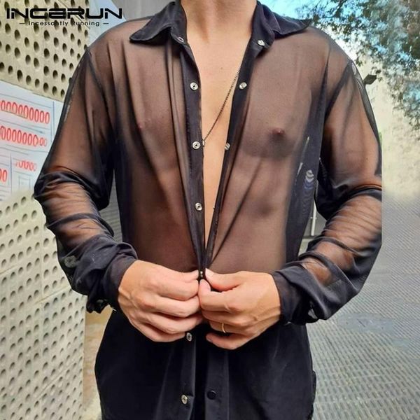 

men's casual shirts incerun men long sleeve buttons-up sheer blouse lightweight 2021 male leisure breathable mesh s-5xl, White;black