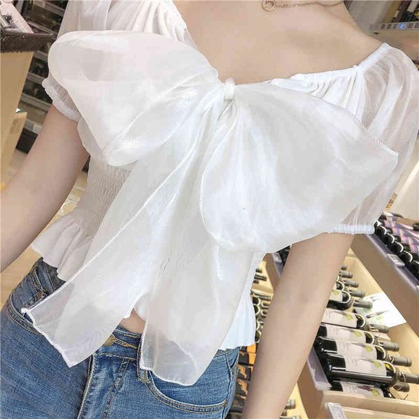 

blouses chiffon elegant sweet short crop casual sleeve bow style kawaii blouse women summer clothes o2l3, White