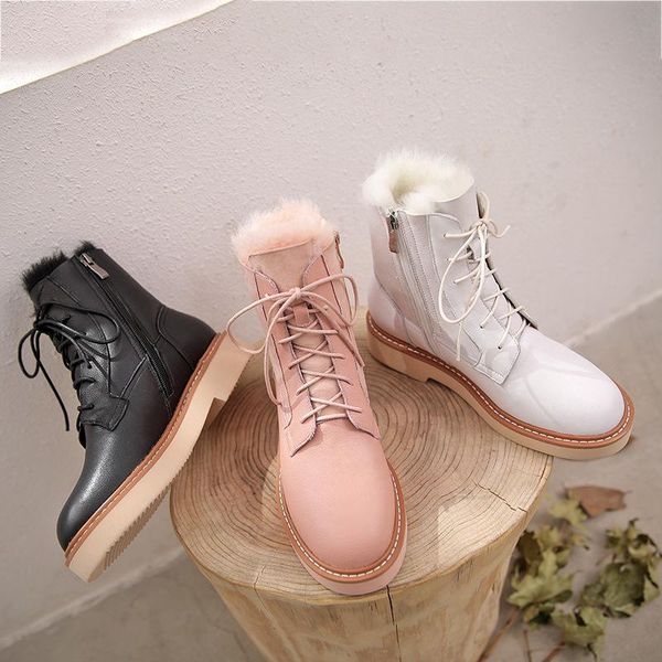 

boots bright2021 thi soled women's cowhide autumn flat sole fur integrated snow versatile fashion short winter, Black