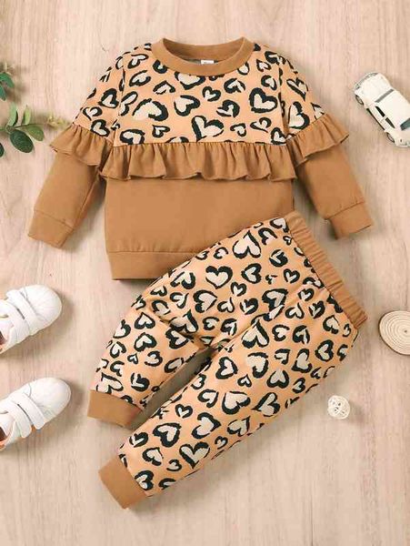

baby heart print ruffle trim sweatshirt & sweatpants she, White