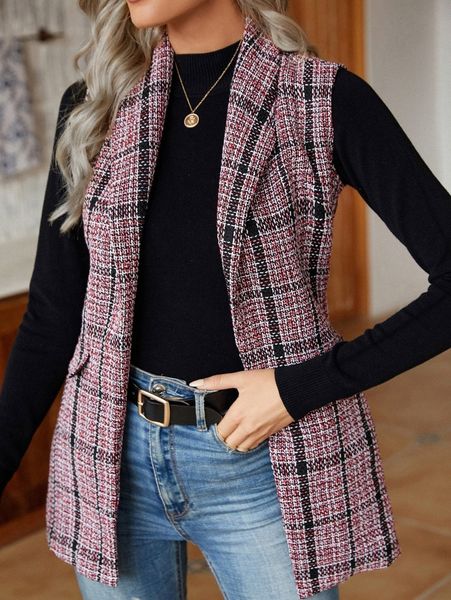 

sleeveless plaid tweed overcoat y1p2#, Black