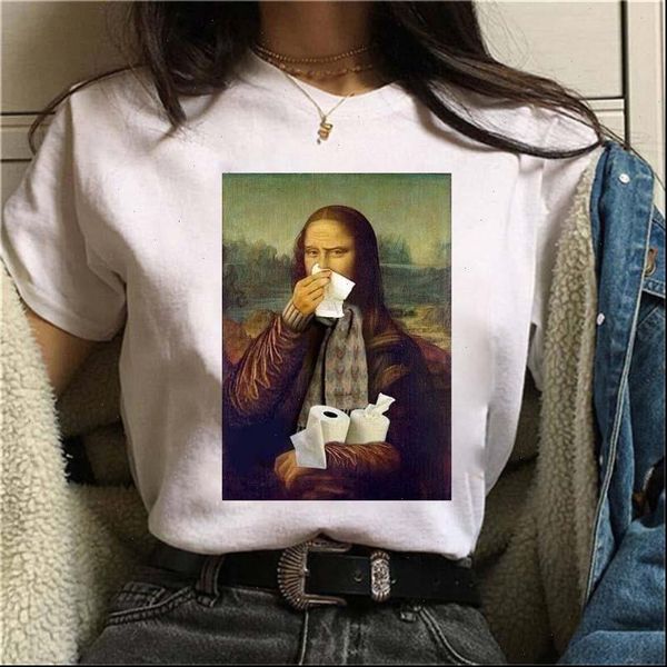 

womens mona lisa mask aesthetic harajuku t shirt women funny cartoon 90s cute print tshirt fashion streetwear tees, White