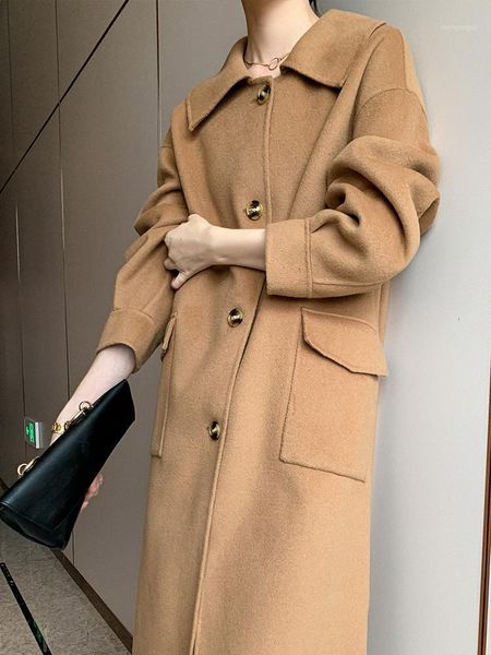 

double faced cashmere overcoat women's 2021 autumn and winter wool medium long camel color & blends, Black