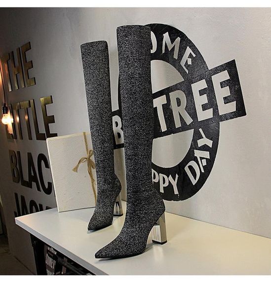 

boots european and american fashion simple metal heel thick high pointed nightclub woolen over-the-knee, Black