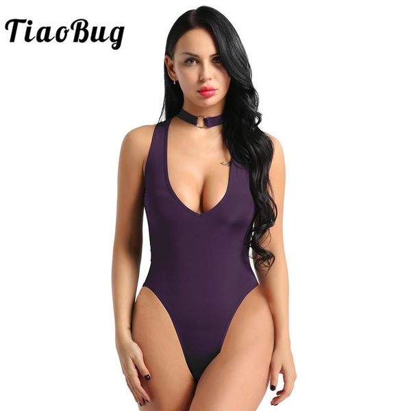 

one-piece suits tiaobug women see through sheer lingerie necklace collar high cut crotchless thong leotard bodysuit swimsuit
