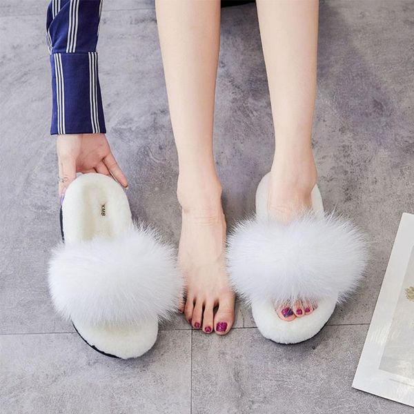 

wool slippers furry fur slides for platform shoes designer fluffy women raccoon real plush, Black