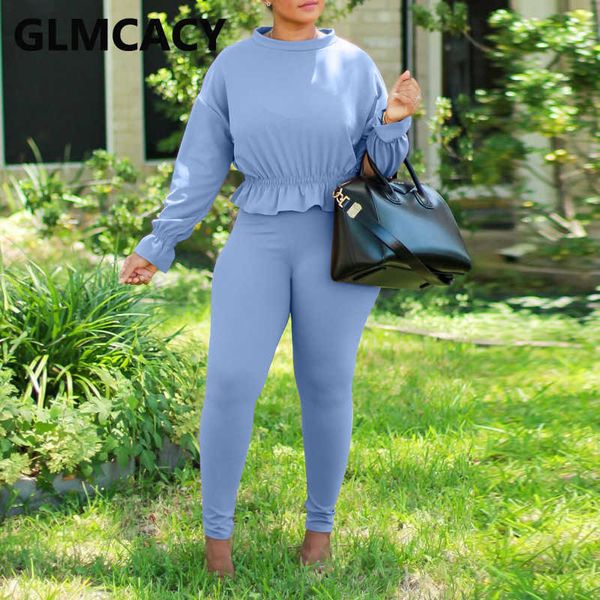 

women solid two piece suits long sleeve o neck peplum & slim pants set 210702, White