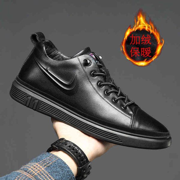

men's leather flat soled shoes with plush warm middle cotton in winter, Black