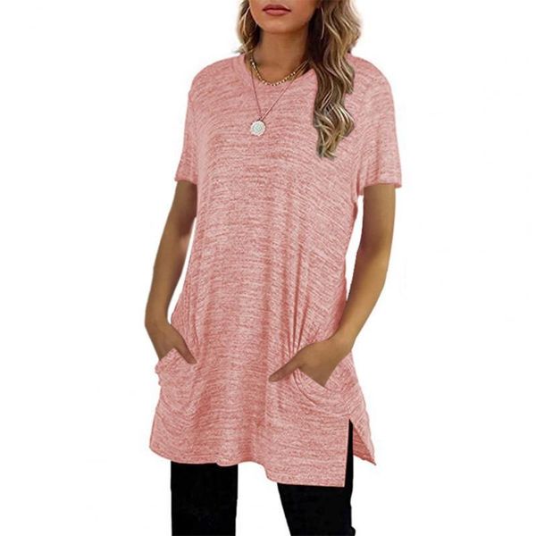 

women's blouses & shirts 2021 autumn pullover women t-shirt solid color pockets round neck short sleeve blouse for dating streetwear, White