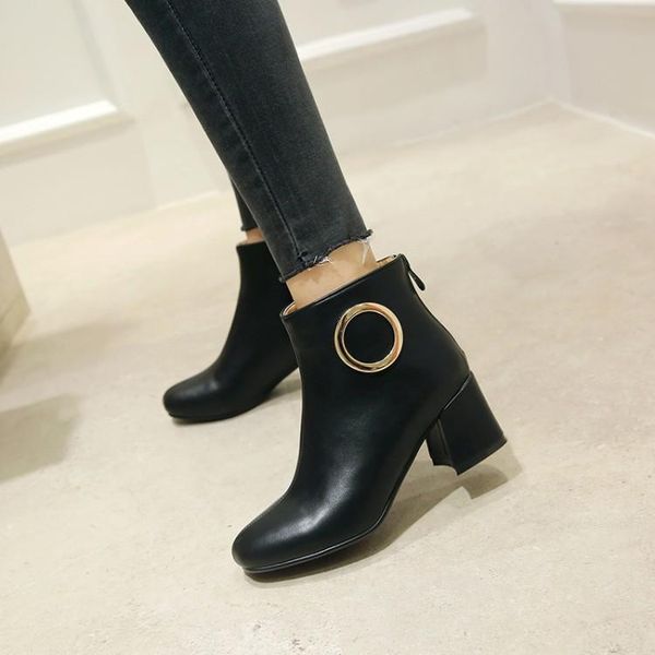 

boots big size ma'am coarse heel short pure color metal decoration boot barrel high, Black