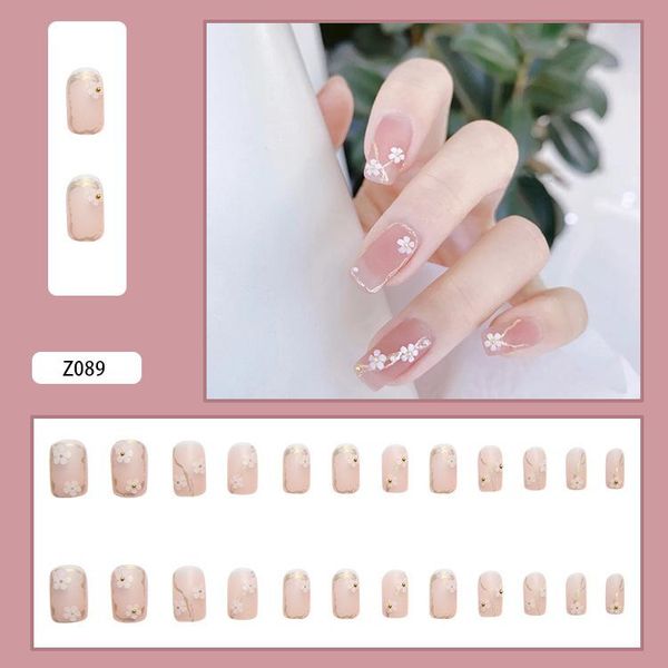 

false nails 2021 24pcs floral print nail patch glue type removable mid length paragraph fashion manicure save time ey669, Red;gold