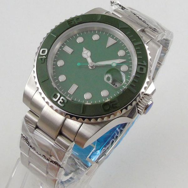 

wristwatches 40mm green sterile dial date luminous sapphire glass ceramic bezel case back miyota 8215 automatic movement men's watch, Slivery;brown