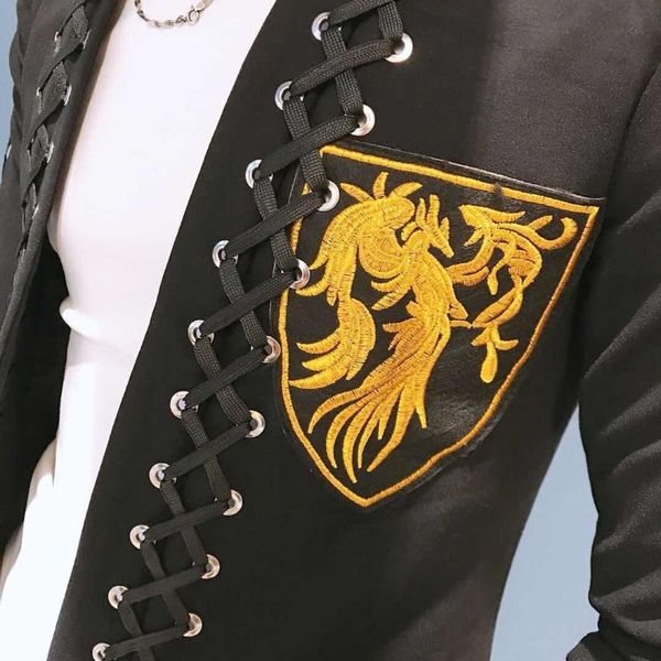 

men's jackets night show men korean fashion stylist blazer slim fit badge embroidered trendy jacket collarless lace suit male, Black;brown