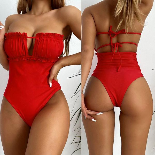 

women's swimwear women bandage one-piece solid color bikini push-up swimsuit beachwear bodysuit swimming suit for maillot de bain, White;black