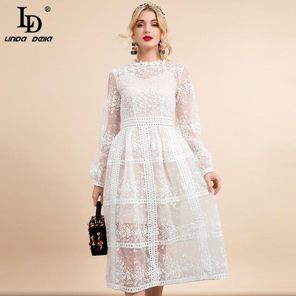 

casual dresses ld linda della 2021 designer women's gorgeous vintage party dress autumn lantern sleeve mesh embroidered white midi, Black;gray