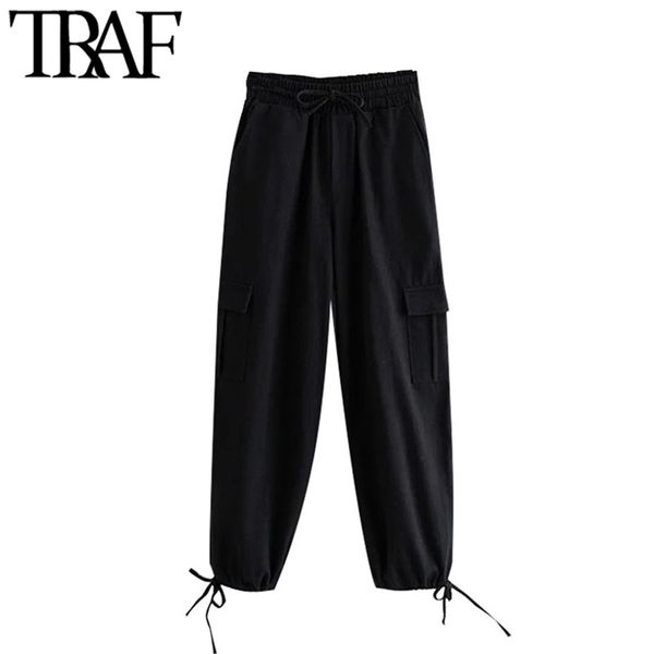 

women chic fashion with drawstring side pockets cargo pants vintage high elastic waist female ankle trousers mujer 210507, Black;white