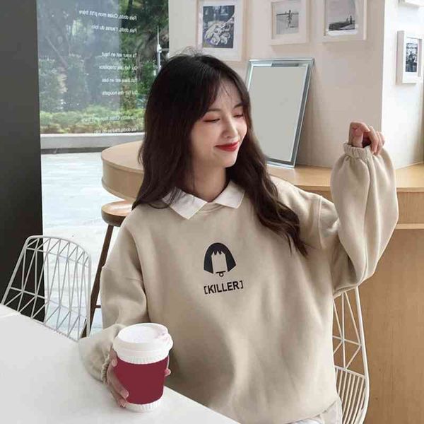 

women autumn long sleeve turn down collar letters print plush sweatshirt for teen girls, Black
