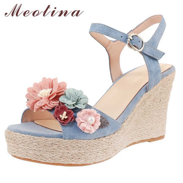 

meotina sandals shoes women genuine leather sandals wedges super high heel sandals flower round toe ladies footwear summer blue 210608, Black
