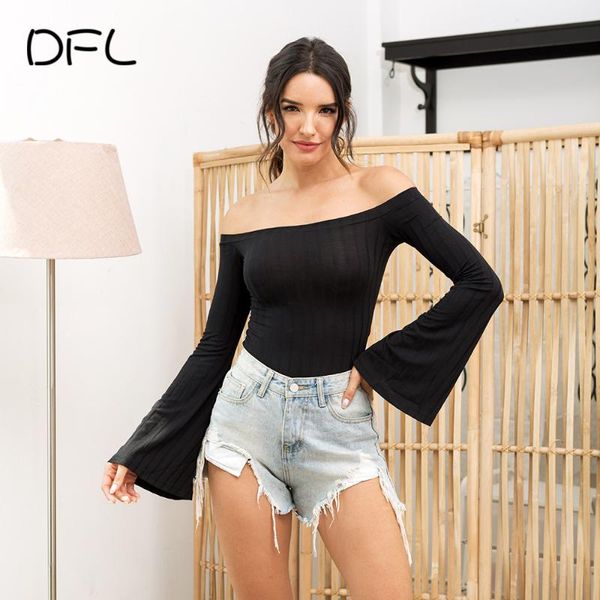 

women's t-shirt dfllifes women t shirt long flare sleeve clubwear slash neck tshirt solid white tight fashion winter autumn 20