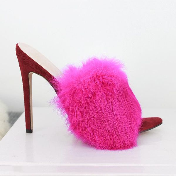 

sandals spring neon pointed ted women slip on faux fur high heels slippers fashion shoes sandalia feminina, Black