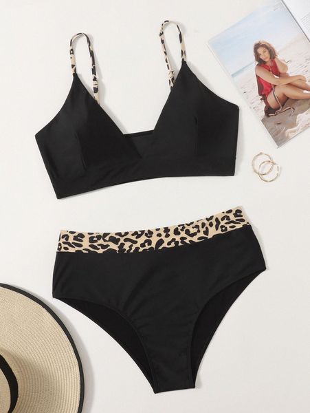 

plus leopard trim high waisted bikini swimsuit f6dv#, Black