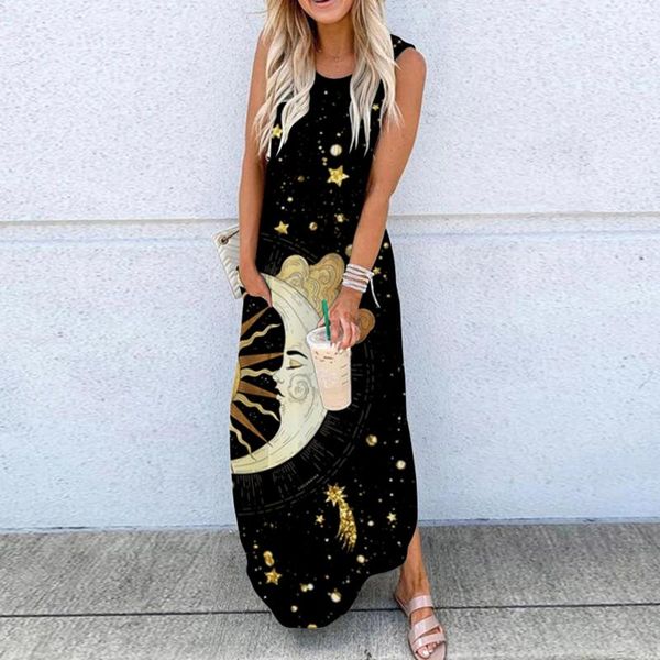 

casual dresses women's maxi dress elegent summer 2021 moon and stars print sleeveless pocket printing beach long loose, Black;gray