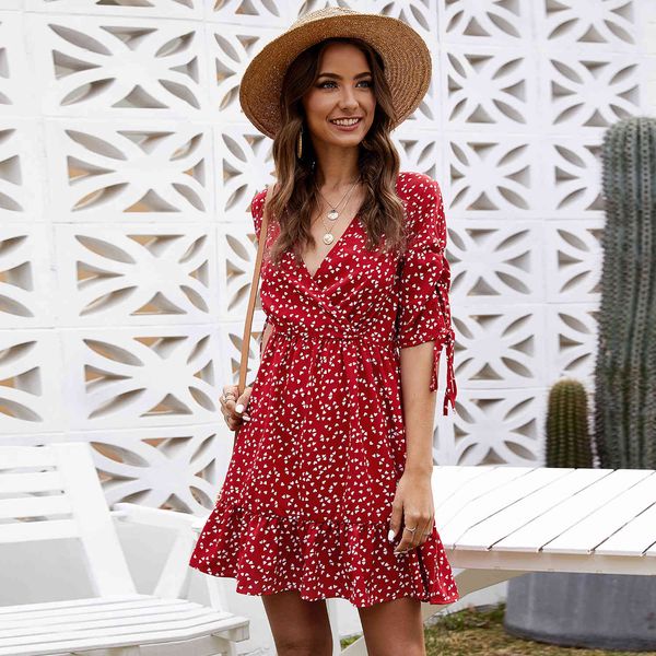 

summer women ruffles lace chiffon mini dress boho mini beach slim three quarter sleeve ladies party holidays es 210524, Black;gray