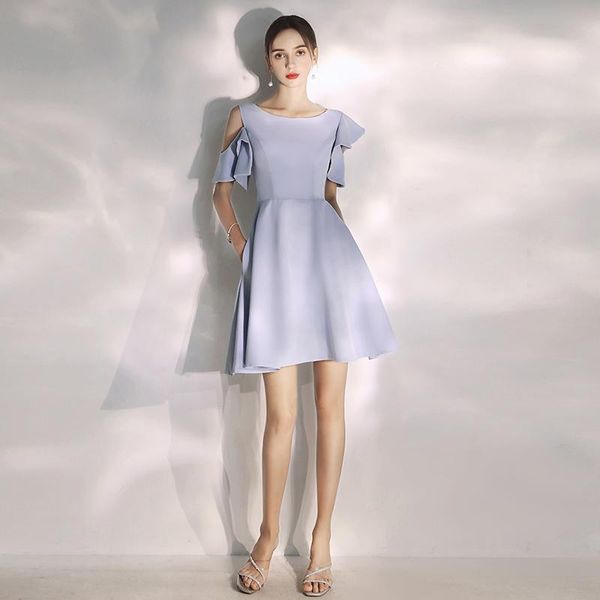 

party dresses special occasion vintage o-neck short luxury blue a-line zipper off the shoulder knee-length satin women prom gown e962, White;black