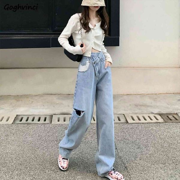 

irregular hole high waist womens jeans straight leg loose korean fashion all match casual vintage denim trousers streetwear daily, Blue