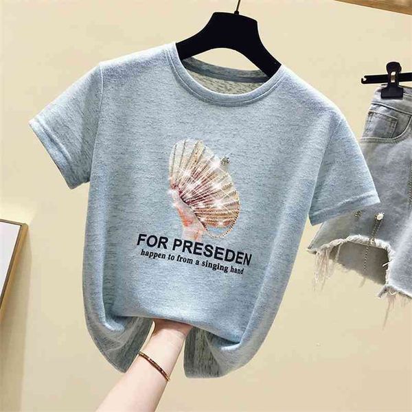 

women's bling beading t-shirt summer short sleeves o neck cotton tee tees girls pullover casual a3304 210519, White