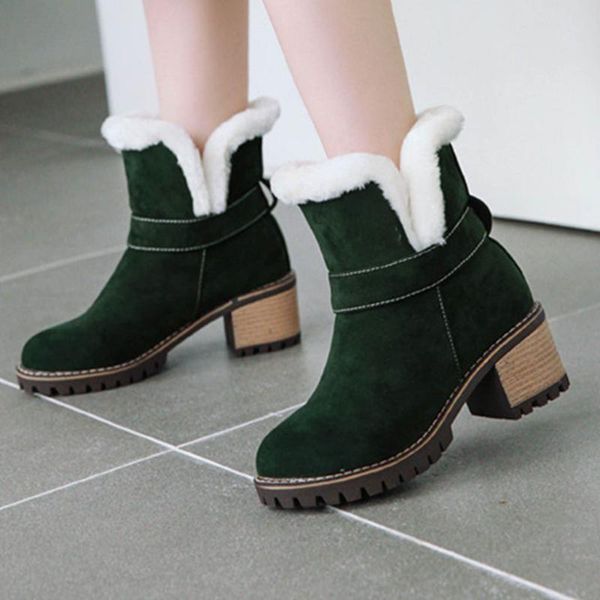 

boots women warm fur winter fashion pure color round toe slip-on chunky heels vintage ladies shoes, Black