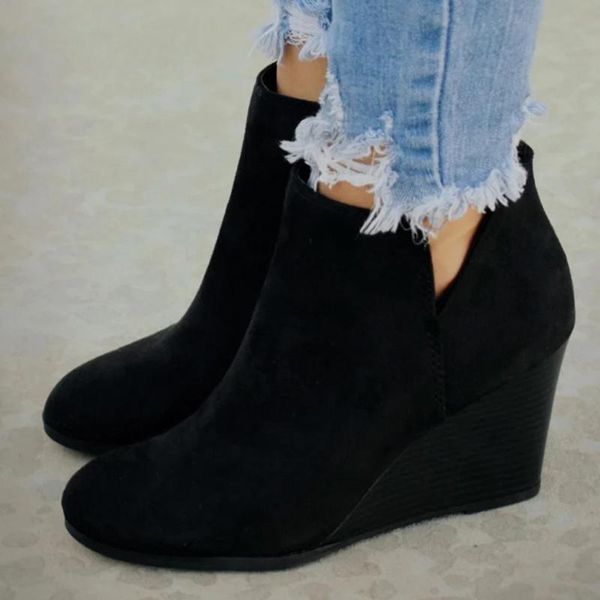 

boots autumn and winter fashion women's suede snow slope heel heightening zipper solid color warm short, Black