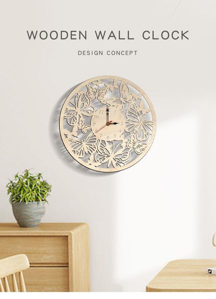 

wall clocks wooden butterfly hollow clock home decoration mute