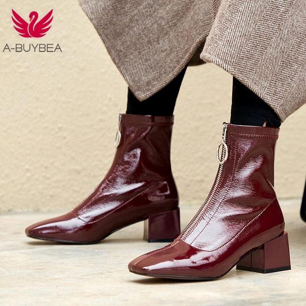 

boots women genuine leather fashion handmade cow retro square short front zipper platform shortboots, Black