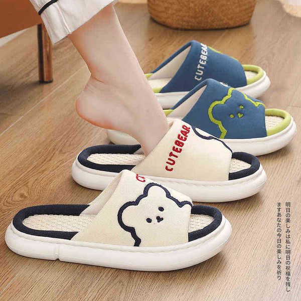

slippers qyckaby spring and summer womens mens home shoes flax linen for couple new house indoor cartoon female 220304, Black