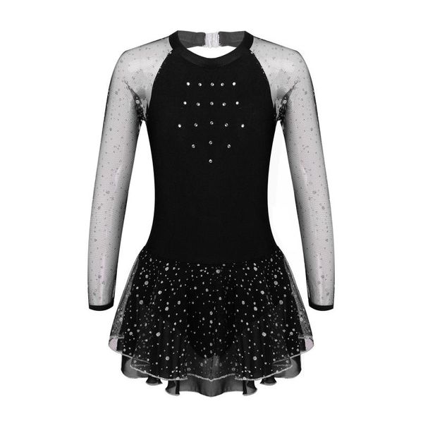 

kids girls mesh long sleeve shiny rhinestones splice gymnastics leotard figure skating ballet dress performance dancewear stage wear, Black;red