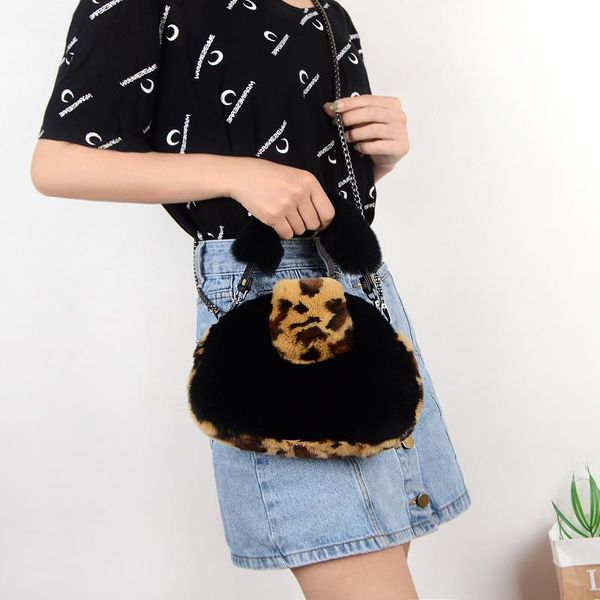 

duffel bags korean style rex fur bag shoulder hand real wool plush lady's fashion leopard print