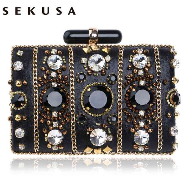 

sekusa embroidery women handbags beaded chain accessory metal day clutches party wedding evening bags one side diamonds purse 210823