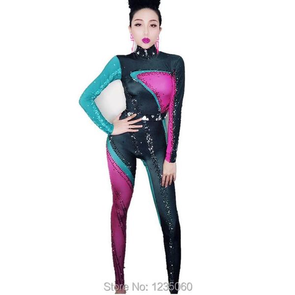 

party decoration colorful rhinestones jumpsuit long sleeves big stretch bodysuit nightclub dress costume one-piece dance leggings