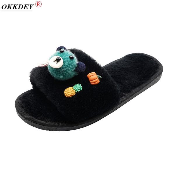 

slippers 2021 cotton female indoor open flip-flops home thick-soled outer wear furry four seasons women's shoes, Black