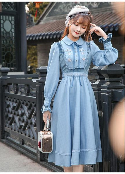 

casual dresses fashion brand retro ruffles stitching embroidery dress female college style high waist flare sleeve plaid wq965 dropship, Black;gray