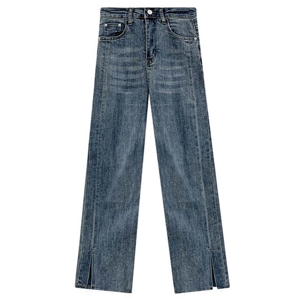 

women's jeans women black split loose straight-leg autumn nine-quarter-length cigarette tube high-waist spring pants, Blue