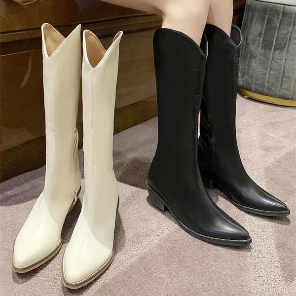 

boots 2021 women side zipper knee-high motorcycle point pu leather western cowboy block heel shoes sewing modern, Black